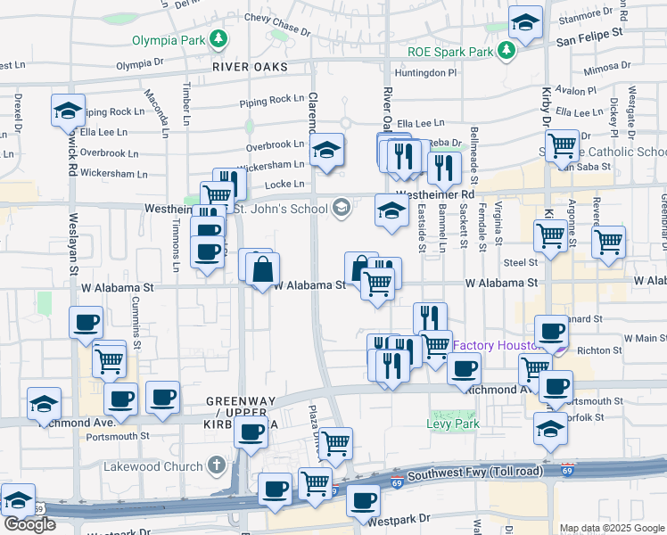 map of restaurants, bars, coffee shops, grocery stores, and more near 3270-3370 West Alabama Street in Houston