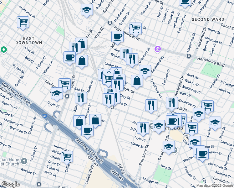 map of restaurants, bars, coffee shops, grocery stores, and more near Cullen Blvd & Clay St in Houston