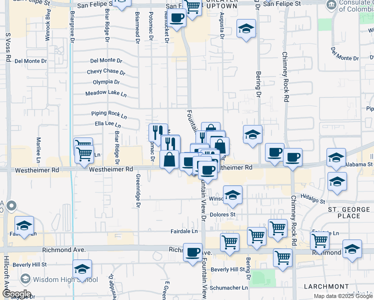 map of restaurants, bars, coffee shops, grocery stores, and more near 2650 Fountain View Drive in Houston