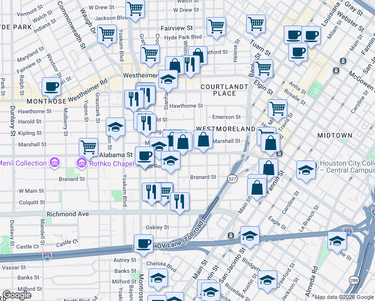 map of restaurants, bars, coffee shops, grocery stores, and more near 602 West Alabama Street in Houston