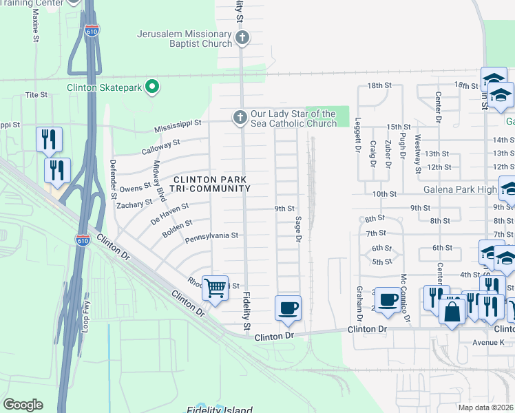 map of restaurants, bars, coffee shops, grocery stores, and more near 419 Bolden Street in Houston
