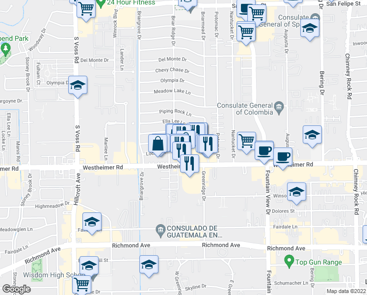 map of restaurants, bars, coffee shops, grocery stores, and more near 2610 Briar Ridge Dr in Houston