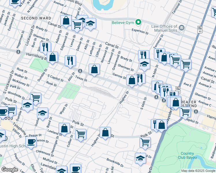 map of restaurants, bars, coffee shops, grocery stores, and more near 6015 Texas Street in Houston