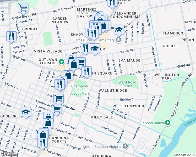 map of restaurants, bars, coffee shops, grocery stores, and more near 1207 Ward Road in Baytown