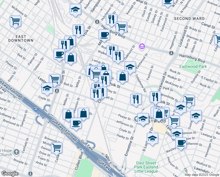 map of restaurants, bars, coffee shops, grocery stores, and more near 4113 Clay Street in Houston