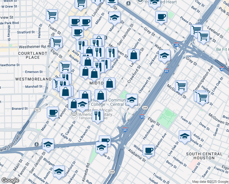 map of restaurants, bars, coffee shops, grocery stores, and more near 1410 Elgin Street in Houston