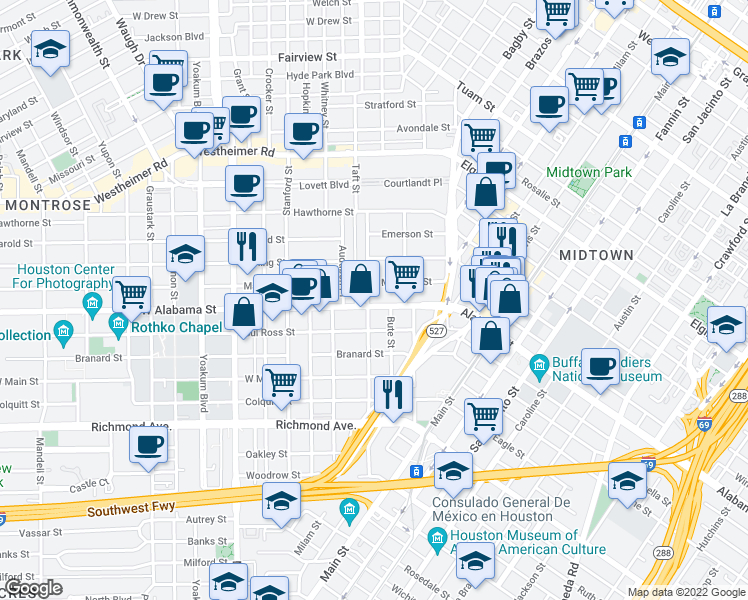 map of restaurants, bars, coffee shops, grocery stores, and more near 418 West Alabama Street in Houston