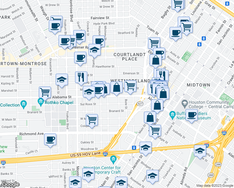 map of restaurants, bars, coffee shops, grocery stores, and more near 418 West Alabama Street in Houston
