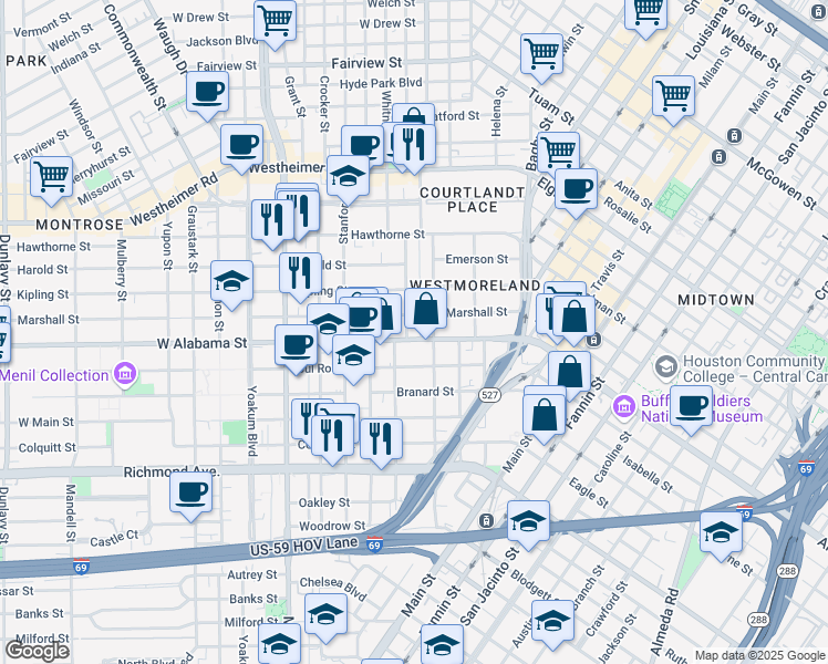 map of restaurants, bars, coffee shops, grocery stores, and more near 602 West Alabama Street in Houston