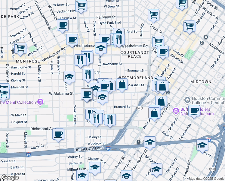 map of restaurants, bars, coffee shops, grocery stores, and more near 602 West Alabama Street in Houston