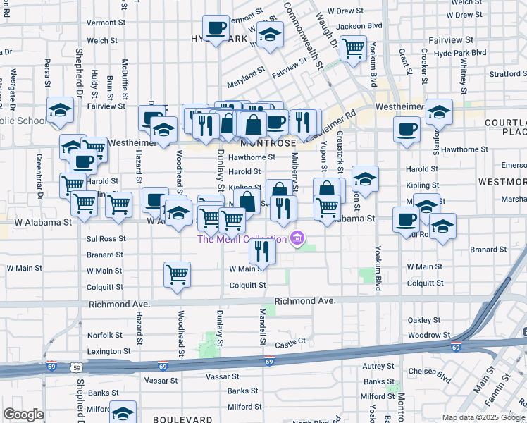 map of restaurants, bars, coffee shops, grocery stores, and more near 1612 West Alabama Street in Houston
