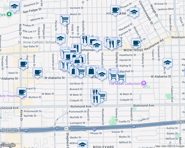 map of restaurants, bars, coffee shops, grocery stores, and more near 1830 West Alabama Street in Houston