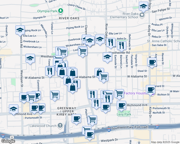 map of restaurants, bars, coffee shops, grocery stores, and more near in Houston