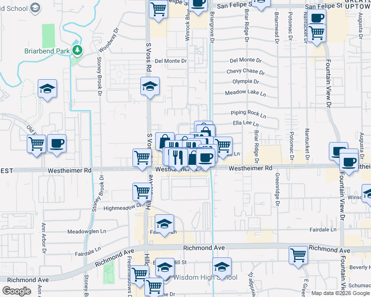 map of restaurants, bars, coffee shops, grocery stores, and more near 2627 Marilee Lane in Houston