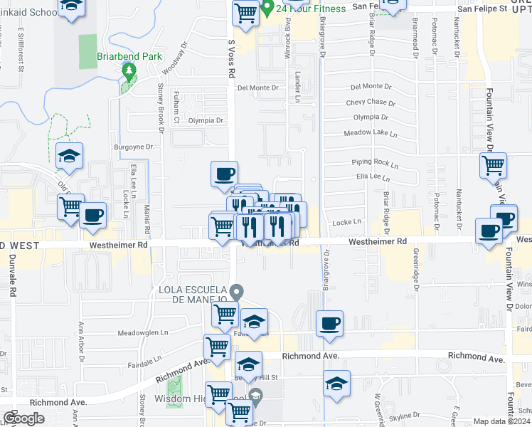 map of restaurants, bars, coffee shops, grocery stores, and more near 2660 Marilee Lane in Houston