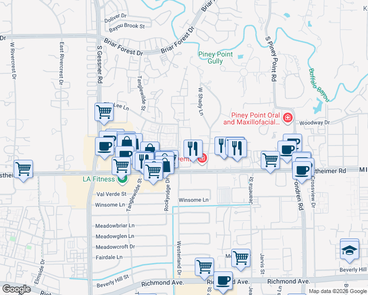 map of restaurants, bars, coffee shops, grocery stores, and more near 3a West Shady Lane in Houston