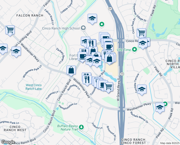 map of restaurants, bars, coffee shops, grocery stores, and more near 24001 Cinco Village Center Boulevard in Katy