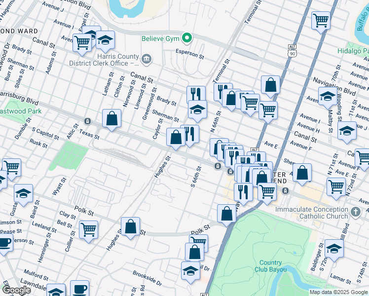 map of restaurants, bars, coffee shops, grocery stores, and more near in Harris County