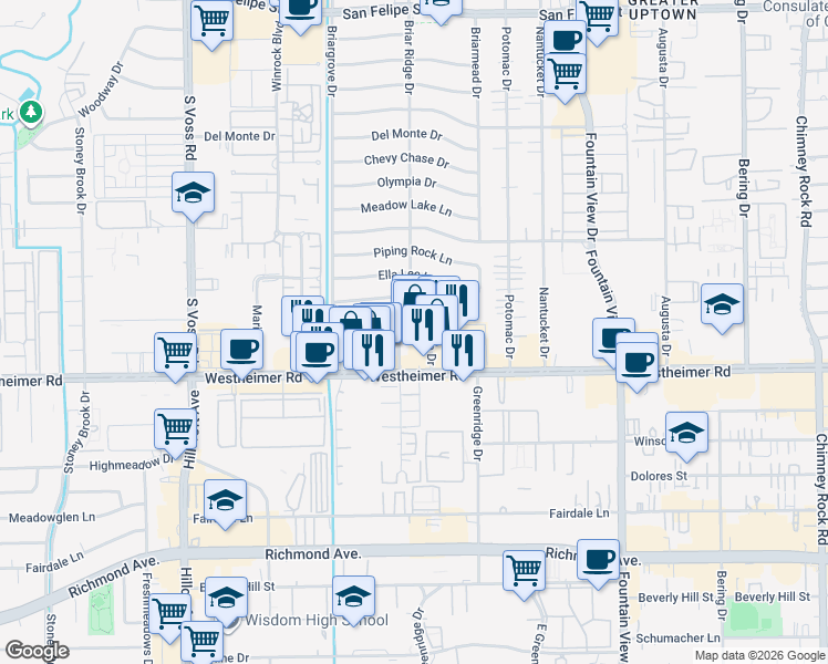 map of restaurants, bars, coffee shops, grocery stores, and more near 2610 Briar Ridge Dr in Houston