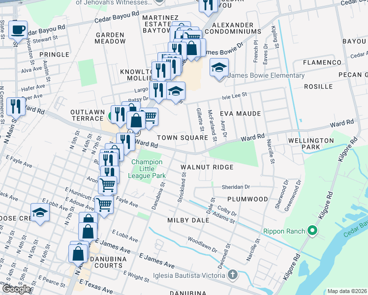 map of restaurants, bars, coffee shops, grocery stores, and more near 1600 Richardson Lane in Baytown