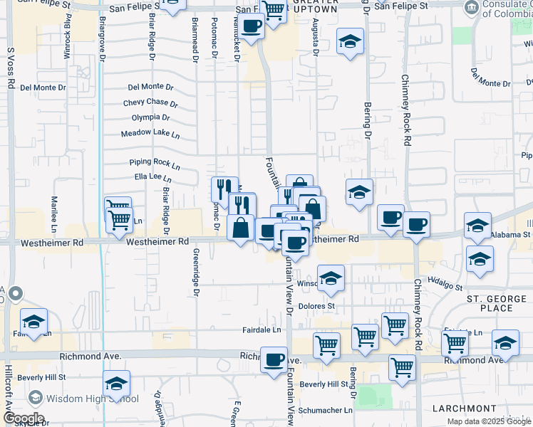 map of restaurants, bars, coffee shops, grocery stores, and more near 2650 Fountain View Drive in Houston