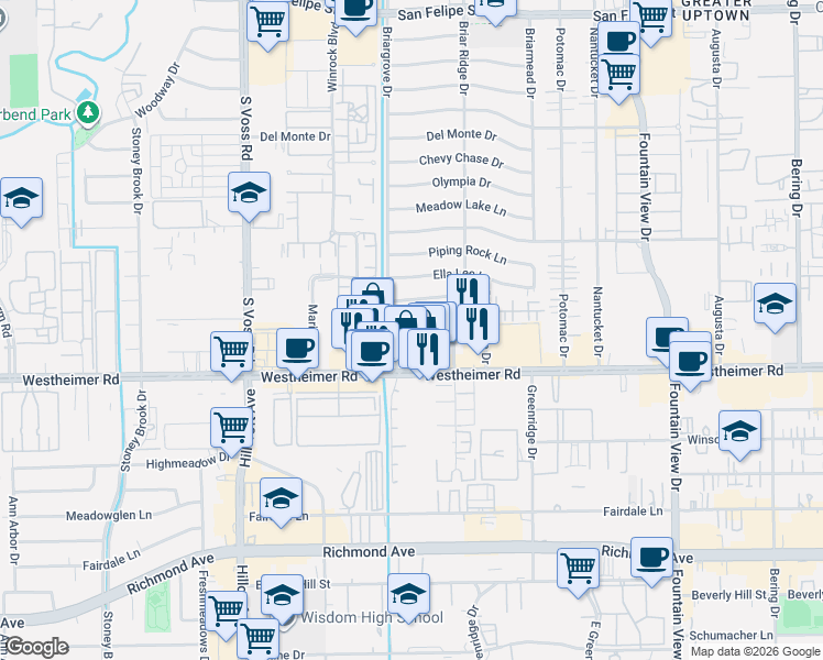 map of restaurants, bars, coffee shops, grocery stores, and more near 6243 Wickersham Lane in Houston