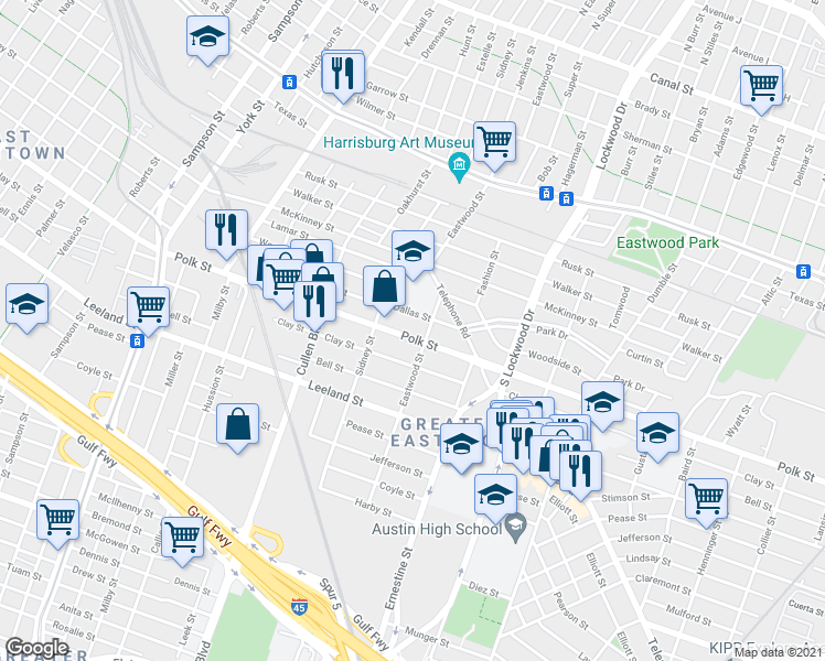 map of restaurants, bars, coffee shops, grocery stores, and more near 4327 Polk Street in Houston