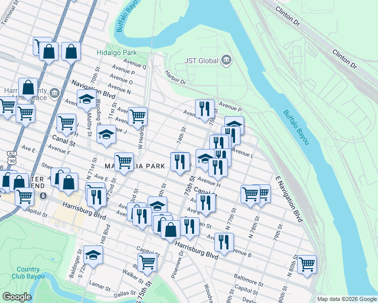 map of restaurants, bars, coffee shops, grocery stores, and more near 7427 Avenue J in Houston