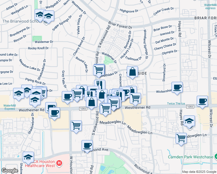 map of restaurants, bars, coffee shops, grocery stores, and more near 2310 Crescent Park Drive in Houston