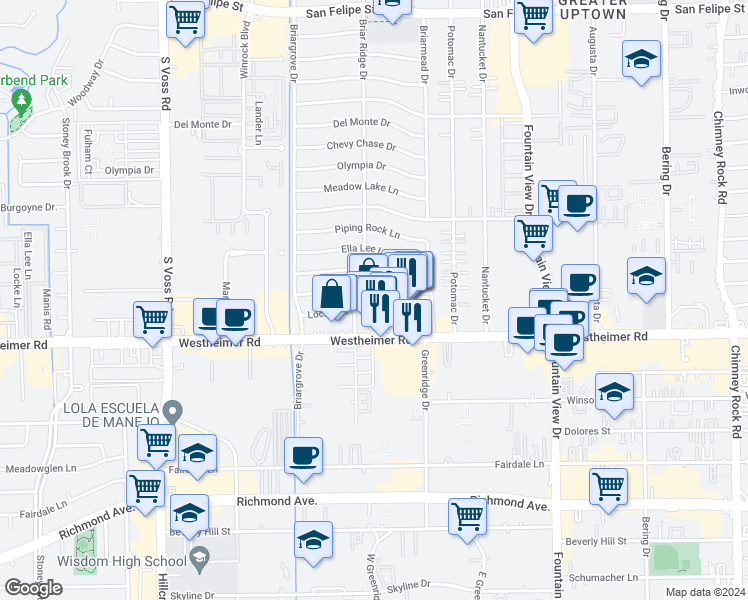 map of restaurants, bars, coffee shops, grocery stores, and more near 2540 Briar Ridge Drive in Houston