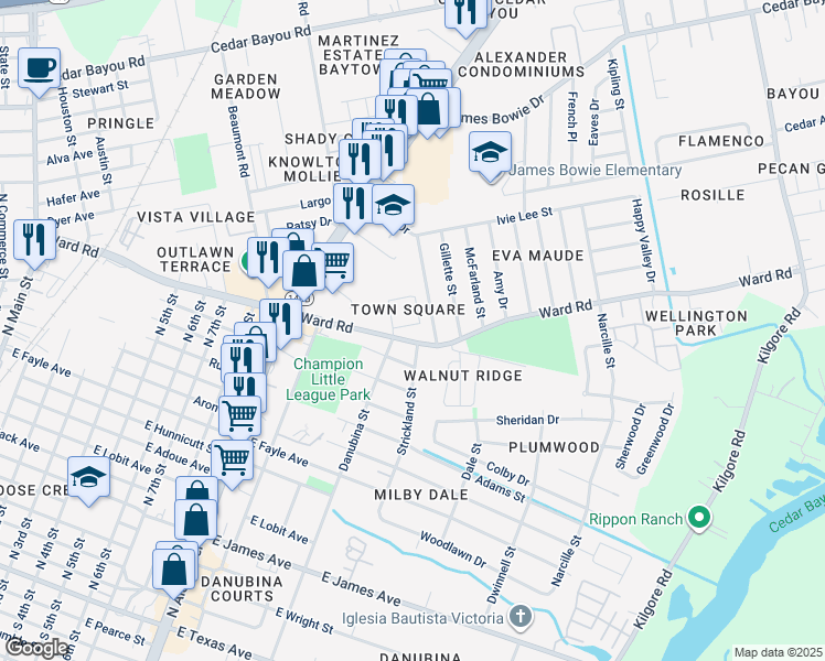 map of restaurants, bars, coffee shops, grocery stores, and more near 1320 Ward Road in Baytown