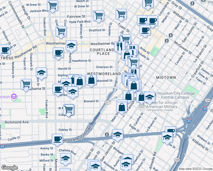 map of restaurants, bars, coffee shops, grocery stores, and more near 230 West Alabama Street in Houston