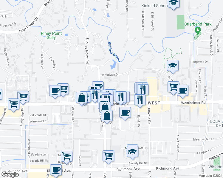 map of restaurants, bars, coffee shops, grocery stores, and more near 8760 Westheimer Road in Houston