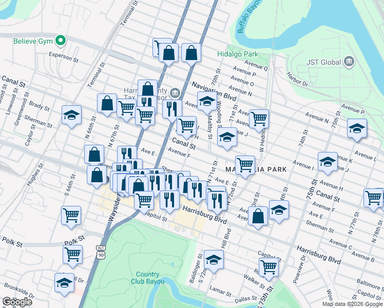 map of restaurants, bars, coffee shops, grocery stores, and more near 6944 Avenue F in Houston