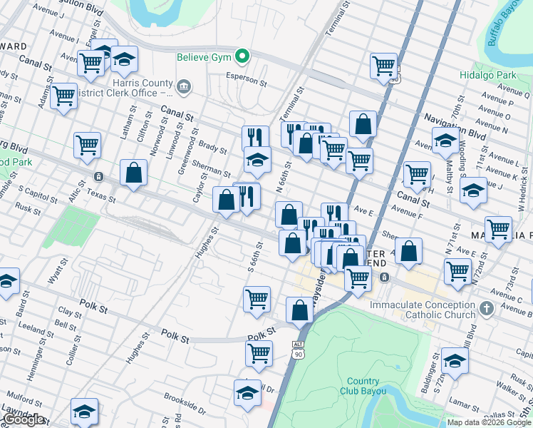 map of restaurants, bars, coffee shops, grocery stores, and more near 201 South 66th Street in Houston