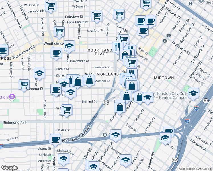 map of restaurants, bars, coffee shops, grocery stores, and more near 230 West Alabama Street in Houston