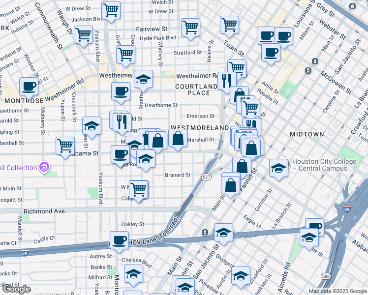 map of restaurants, bars, coffee shops, grocery stores, and more near 420 West Alabama Street in Houston