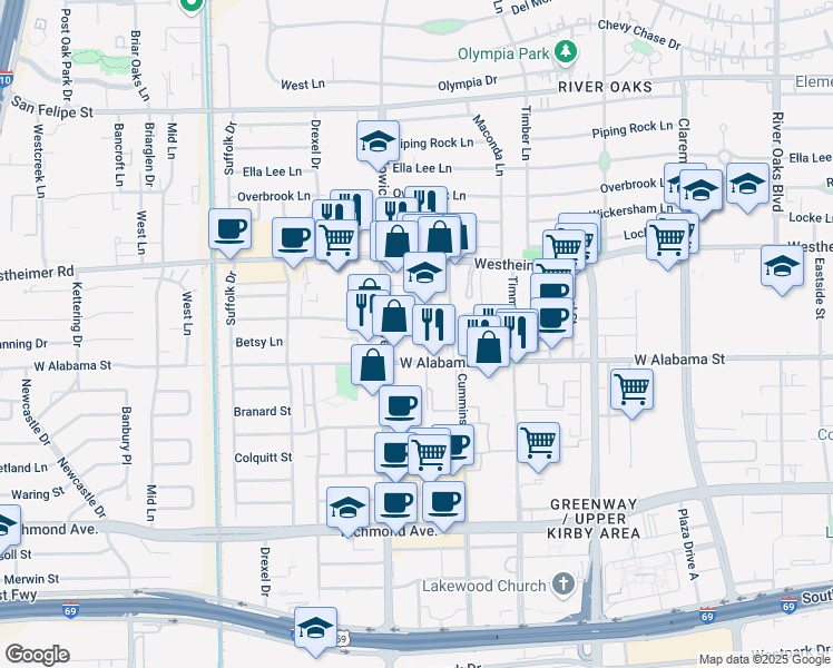 map of restaurants, bars, coffee shops, grocery stores, and more near 2731 Essex Terrace in Houston