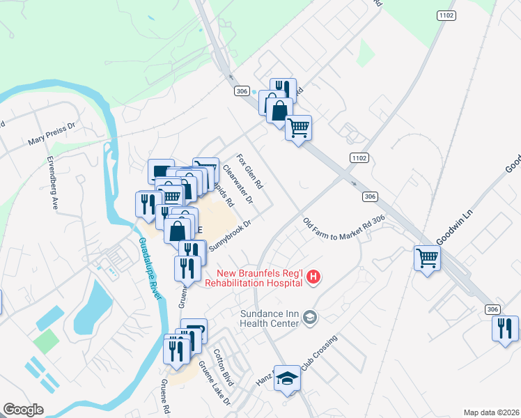 map of restaurants, bars, coffee shops, grocery stores, and more near 1807 Sunnybrook Dr in New Braunfels