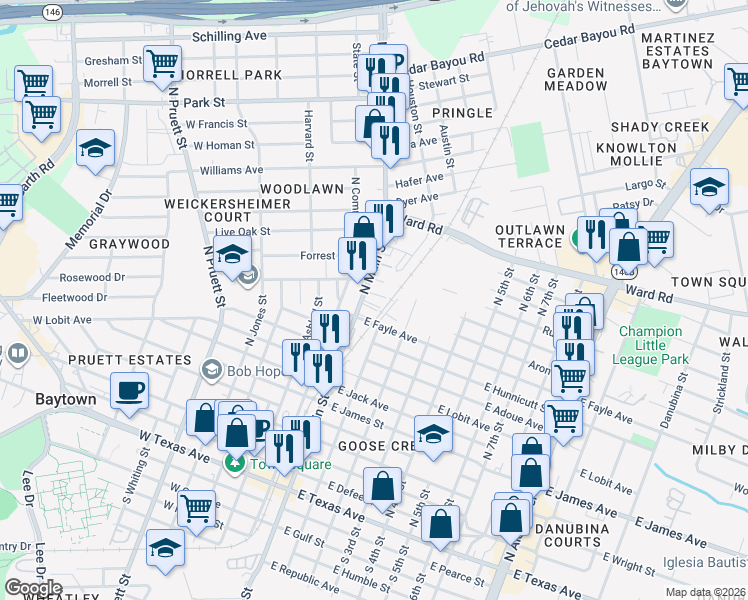 map of restaurants, bars, coffee shops, grocery stores, and more near 1018 North 1st Street in Baytown