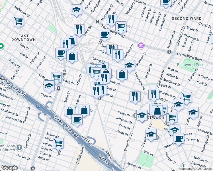 map of restaurants, bars, coffee shops, grocery stores, and more near 4113 Clay Street in Houston