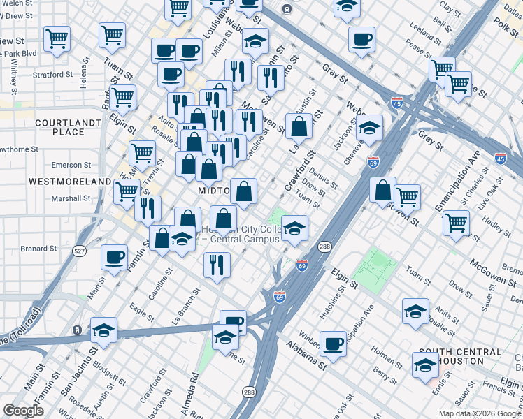 map of restaurants, bars, coffee shops, grocery stores, and more near 1514 Rosalie Street in Houston