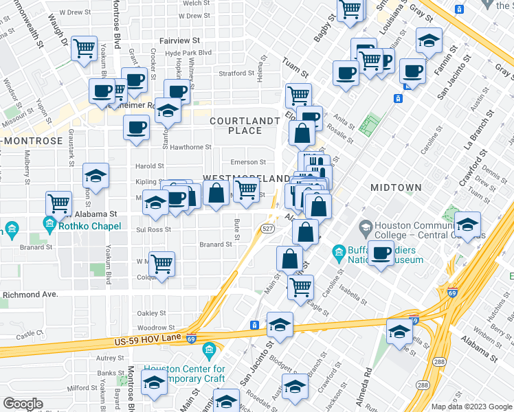 map of restaurants, bars, coffee shops, grocery stores, and more near 230 West Alabama Street in Houston