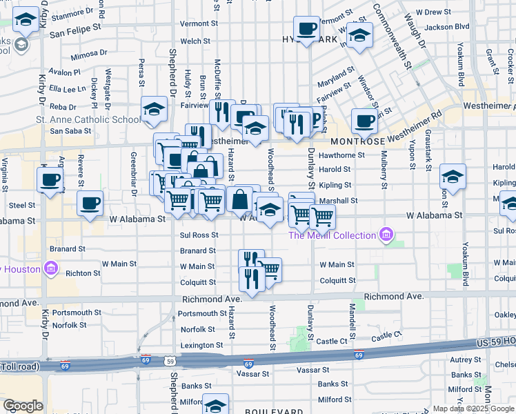 map of restaurants, bars, coffee shops, grocery stores, and more near 1830 West Alabama Street in Houston