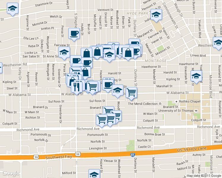 map of restaurants, bars, coffee shops, grocery stores, and more near 1830 West Alabama Street in Houston