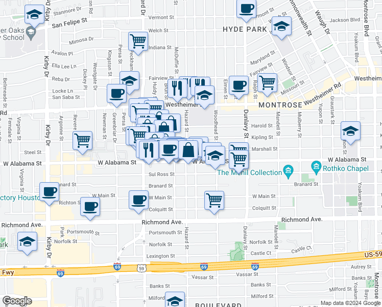 map of restaurants, bars, coffee shops, grocery stores, and more near 1830 West Alabama Street in Houston