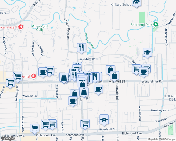 map of restaurants, bars, coffee shops, grocery stores, and more near 8760 Westheimer Road in Houston