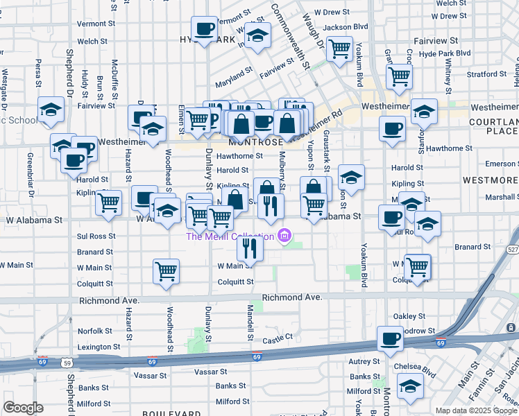 map of restaurants, bars, coffee shops, grocery stores, and more near 1531 Marshall Street in Houston