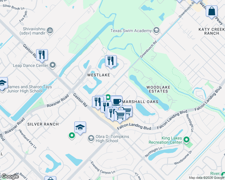 map of restaurants, bars, coffee shops, grocery stores, and more near 25710 Bang Springs Court in Katy