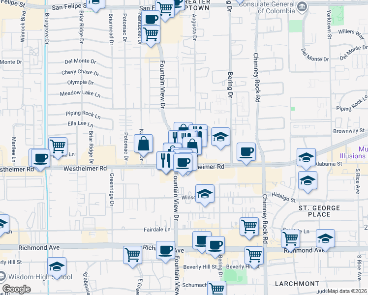 map of restaurants, bars, coffee shops, grocery stores, and more near 5858 Westheimer Road in Houston